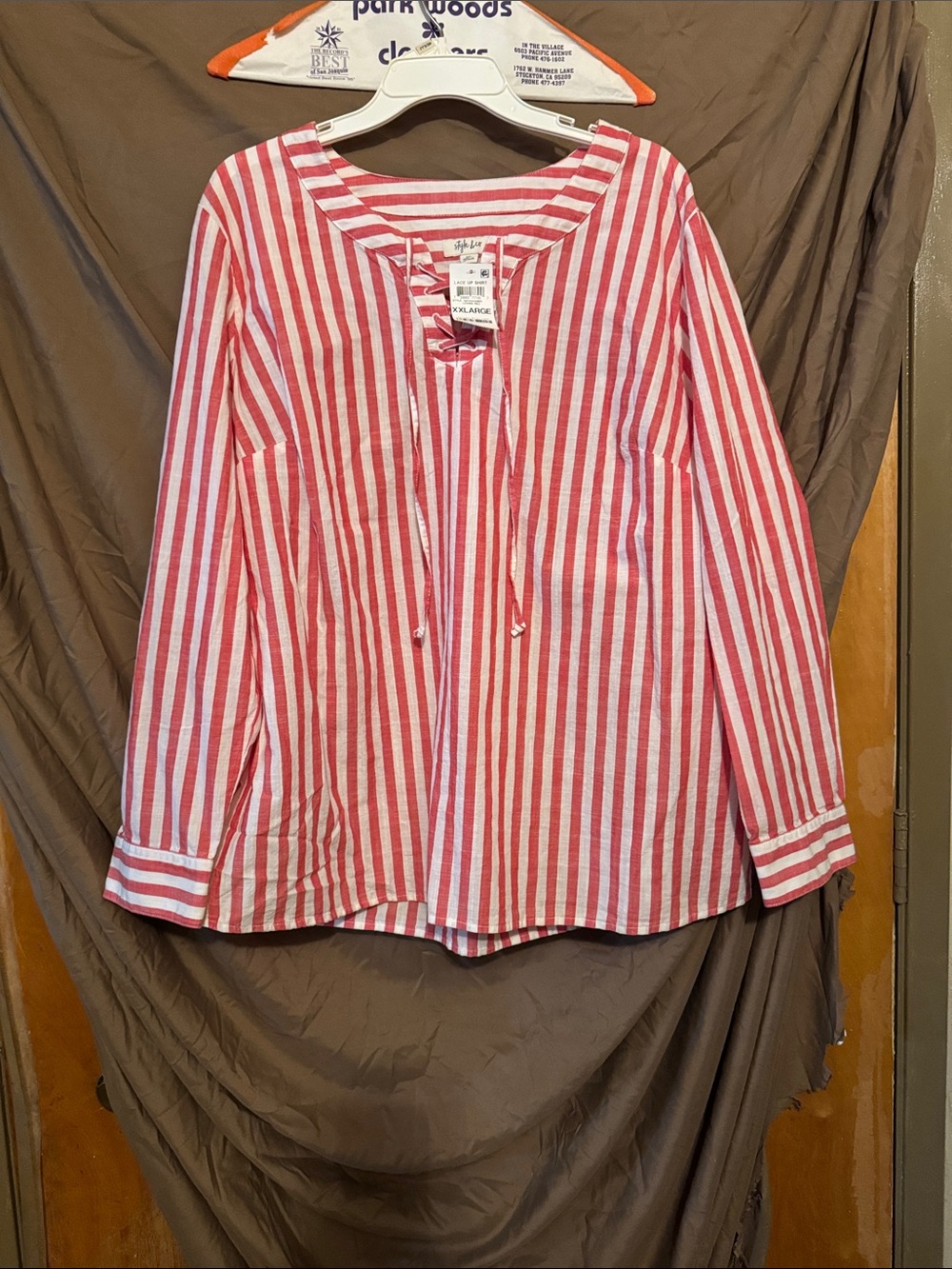 Style & Co. Red and White Striped Long Sleeve Peasant Top